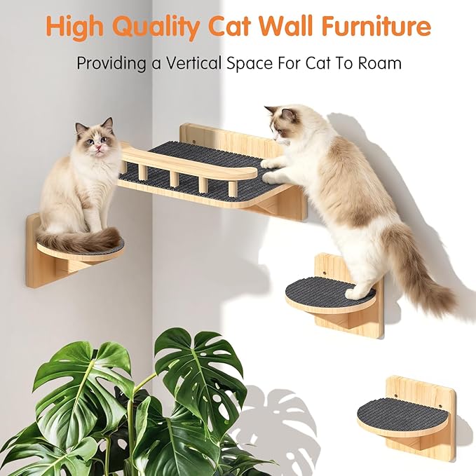 Cat Wall Shelves with 3 Steps, Floating Cat Shelves for Wall with Wide Perch, Modern Wood Wall Mounted Furniture up to 15lbs, Climber Shelf for Small/Medium Cats Sleeping,Jumping, Playing