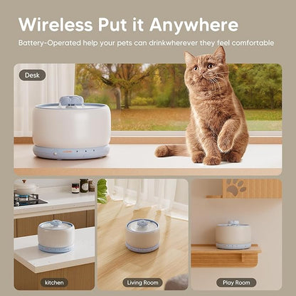 WOPET Wireless Cat Water Fountain, Cordless Ceramic Pet Water Fountain with 5000mAh Rechargeable Battery, 3L/101oz Premium Cat Water Dispenser for Cats & Small Dogs,Ultra Quiet & Triple Filtration