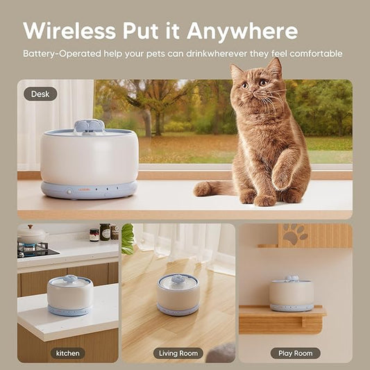 WOPET Wireless Cat Water Fountain, Cordless Ceramic Pet Water Fountain with 5000mAh Rechargeable Battery, 3L/101oz Premium Cat Water Dispenser for Cats & Small Dogs,Ultra Quiet & Triple Filtration