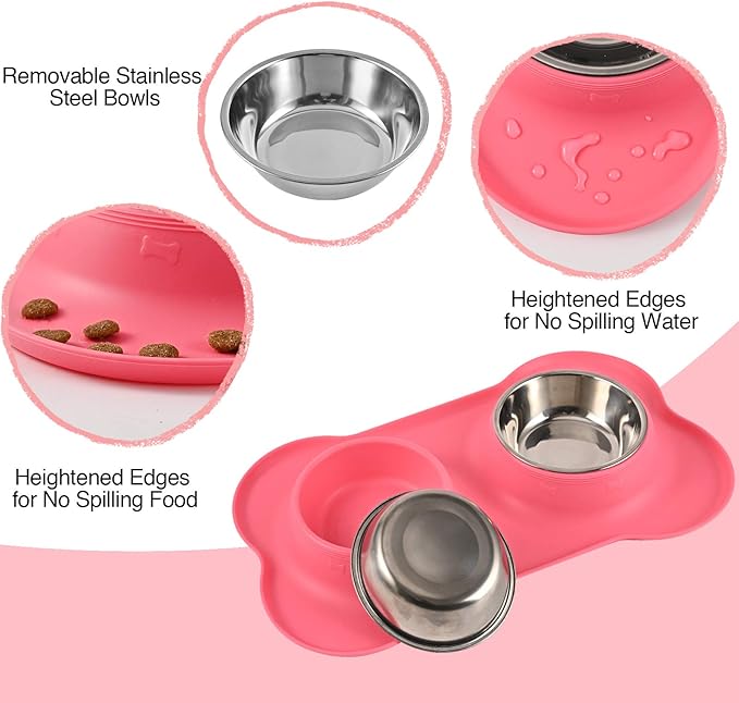 Dog Bowls 2 Stainless Steel Bowl for Pet Water and Food Feeder with Non Spill Skid Resistant Silicone Mat for Pets Puppy Small Medium Cats Dogs