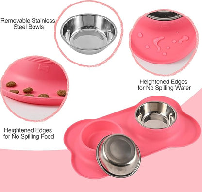 Dog Bowls 2 Stainless Steel Bowl for Pet Water and Food Feeder with Non Spill Skid Resistant Silicone Mat for Pets Puppy Small Medium Cats Dogs