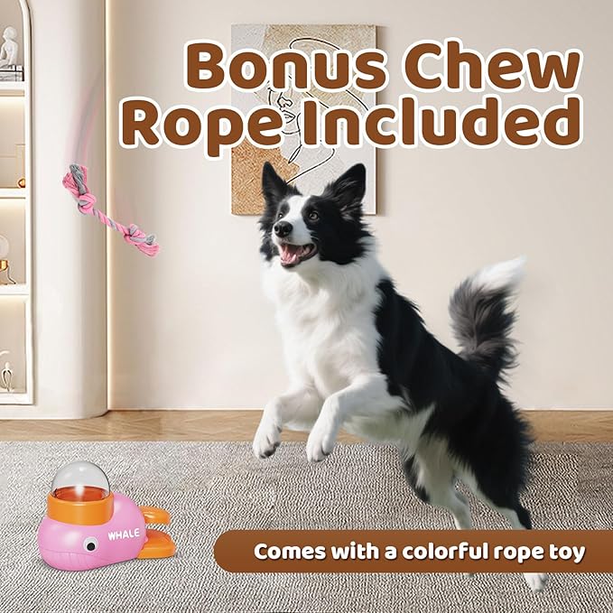 Whale Interactive Dog Treat Dispenser – Press Tail to Release Snacks, Puzzle Slow Feeder Toy for Dogs with Bonus Chew Rope Toy, Fun Training Game & Mental Enrichment, Easy to Clean and Refill (Pink)