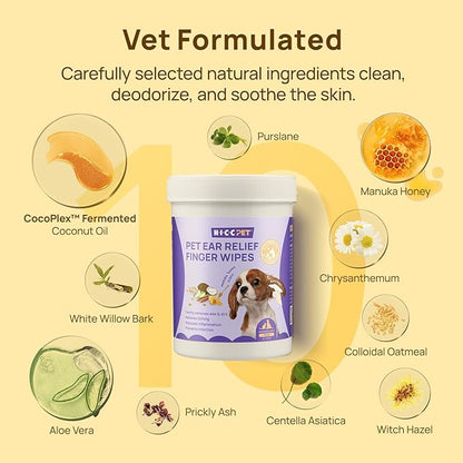 HICC PET Ear Cleaner Wipes for Dogs & Cats, Vet-Recommended Dog Ear Infection Treatment to Relief Itching & Inflammation, Remove Wax, Dirt & Stop Smelly, Cleaning Deodorizing Wipes 100ct(Honey Scent)