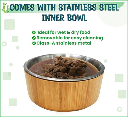 Elevated Dog Bowls for Large Breed - (15-Inch High) Raised Food/Water Bowl with Stand - Bamboo-Steel, Dry/Wet Food Suitable