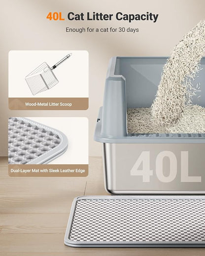XL Stainless Steel Litter Box, Large Metal Cat Litter Box with High Sided for Big Cats, Enclosed Litter Boxes with Lid, Easy-Clean Cat Litter Mat & Scoop Kit, Non Sticky, Anti-Urine Leakage