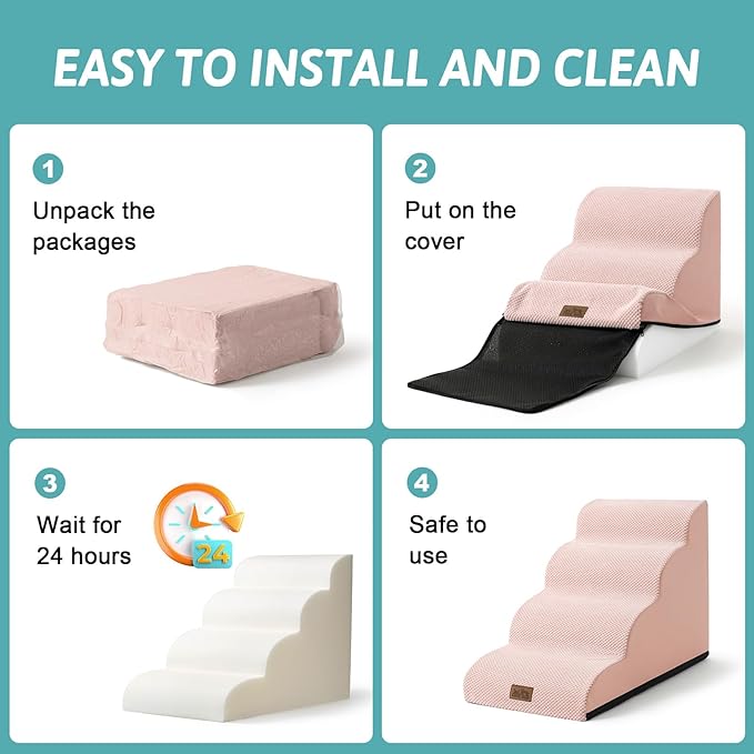 Dog Stairs for Small Dogs 19.7" H, Curved Dog Step for Puppy, Older or Cat, Medium Pet Ramp for Sofa, Couch or Bed, Ladder with High Density Foam, 4 Step, 15.7x28.3x19.7 inch, Pink