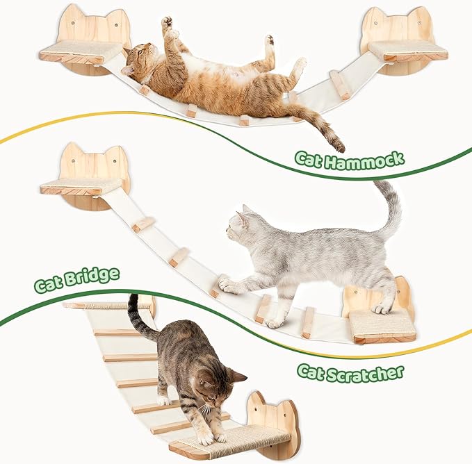 Cat Wall Shelves and Hammock Set, Cat Bridge Wall-Mounted with Climbing Steps and Sisal Roped Scratch Perch, Multi-Level Cats Walls Furniture Bed for Indoor Cats