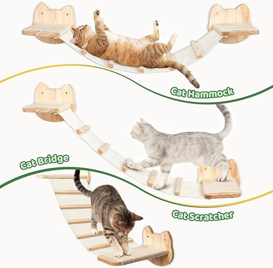 Cat Wall Shelves and Hammock Set, Cat Bridge Wall-Mounted with Climbing Steps and Sisal Roped Scratch Perch, Multi-Level Cats Walls Furniture Bed for Indoor Cats