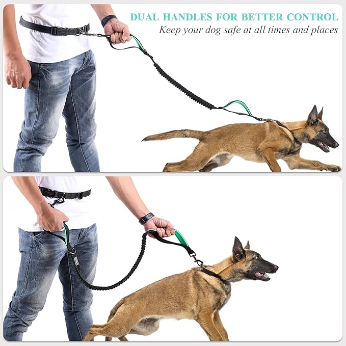 VIVAGLORY Hands Free Dog Leash Bungeeone Running Dog Leash with Waist Belt for Running Walking & Jogging, Bungee & Around Waist for Pet, S, Black/Turquoise