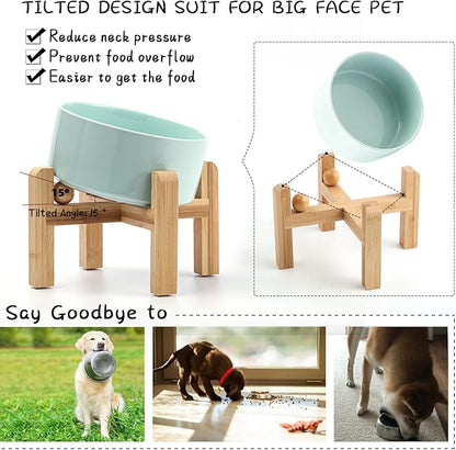 Petygooing Elevated/Raised 15°Slanted Ceramic Dog Bowl for Small and Medium Breeds, Tilted Anti Slip Pet Bowl,Food Water Dish with Stand for Cats and Dogs (28 OZ/3.6 Cups) Blue Sky