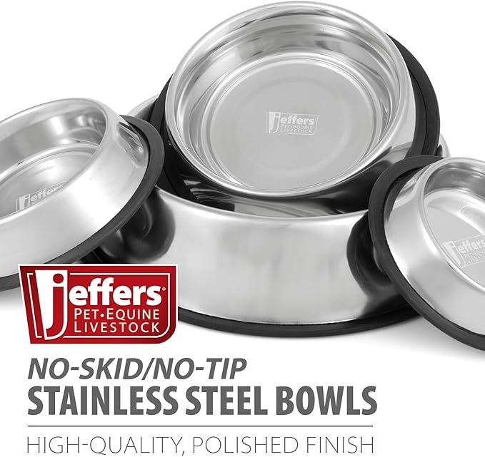 Jeffers No Skid No Tip Stainless Steel Pet Bowls for Dogs & Cats - Non-Slip Food & Water Feeder Dish with Black Rubber Base, Durable Easy to Clean Feeding Bowl for Indoor & Outdoor Use - 3 Quart