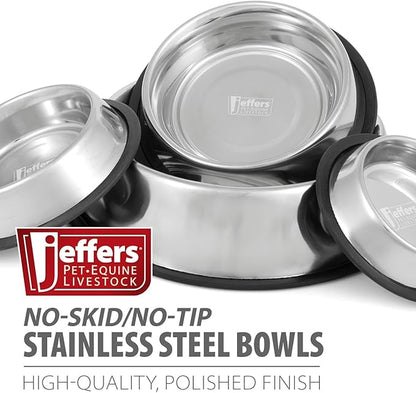 Jeffers No Skid No Tip Stainless Steel Pet Bowls for Dogs & Cats - Non-Slip Food & Water Feeder Dish with Black Rubber Base, Durable Easy to Clean Feeding Bowl for Indoor & Outdoor Use - 3 Quart