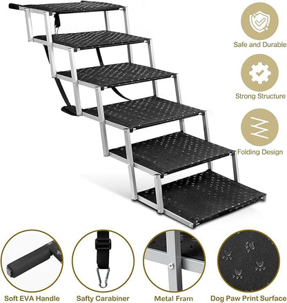 Extra Wide Stairs for Car - Foldable Dog Ramps for Large Dogs With Non-Slip Surface, Portable Steps for Cars, SUV, Truck, Support Up to 250 Lbs