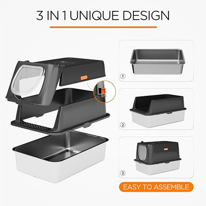 Anywish Stainless Steel Cat Litter Box with Lid, XL Extra Large Enclosed Removable Metal Litter Box with Litter Scoop&Double Layer Litter Mat, Non-Sticky, Non-Odor, Easy Cleaning, for Big Cats, Black