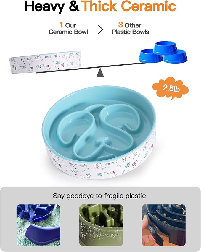 Slow Feeder Dog Bowl, Ceramic Dog Bowls 1.5 Cup Puzzle Feeder - Stops Fast Eating, Prevents Bloat, Choking & Black Chin for Medium/Large Dogs, Blue