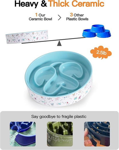 Slow Feeder Dog Bowl, Ceramic Dog Bowls 1.5 Cup Puzzle Feeder - Stops Fast Eating, Prevents Bloat, Choking & Black Chin for Medium/Large Dogs, Blue