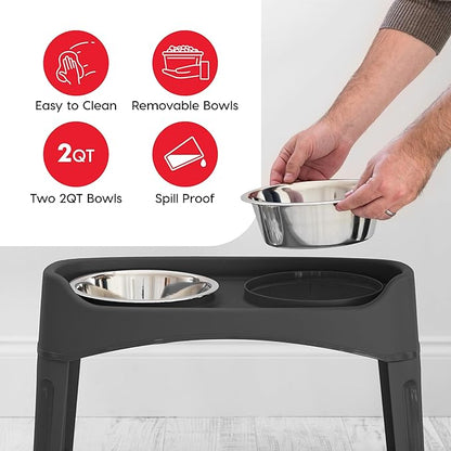 IRIS USA Adjustable Elevated Dog Bowls, Raised Feeder with 2 Stainless Steel 64 oz Bowls, Spill-Guard Rim, 12.25" or 4.63" Heights, Durable Plastic, Made in USA, Black