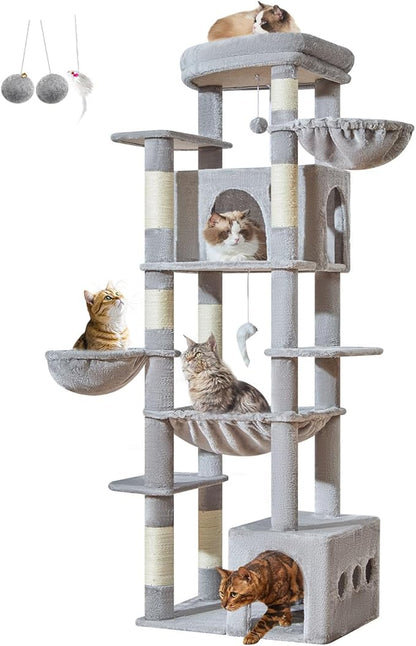Taoqimiao 72 Inch Cat Tree, XXL Cat Tower for Indoor Cats Large Adult 25Lbs+, Extra-Large Platform, 2 Cat Houses, 7 Scratching Post, Extra-Sized Durable Hammock, Cozy Basket, Light Gray, F20W