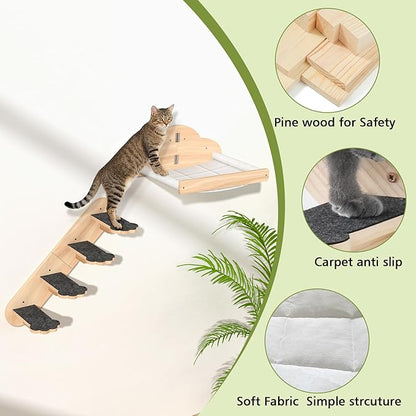 Wall Mounted Cat Hammock with 3 Climbing Steps,Pine Wood Cat Climbing Shelves & Perches up to 30lbs,Kitty Wall Shelf Furniture for Indoor Sleeping, Lounging,Climbing and Playing