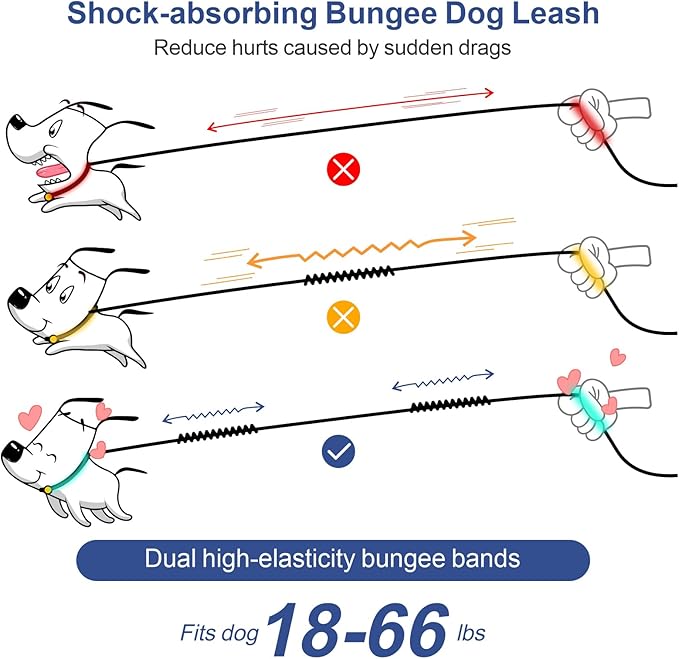 Hands Free Dog Leash - Dog Collar with Adjustable Waist Belt, 2 Bungees Shock Absorbing, Dual Handles for Walking Running Jogging, Reflective Knitted