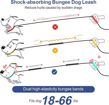 Hands Free Dog Leash - Dog Collar with Adjustable Waist Belt, 2 Bungees Shock Absorbing, Dual Handles for Walking Running Jogging, Reflective Knitted