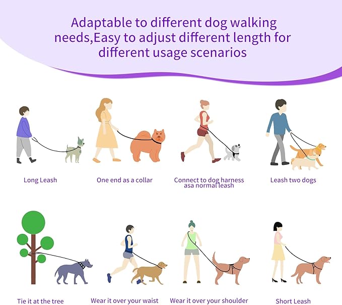 Hands Free Dog Leash, 4.2 FT - 9.5 FT Multifunctional Crossbody Waist Leash for Dogs Walking Reflective Running Dog Leashs for Medium and Large Dogs Walking,Jogging,Running,Training (Purple)