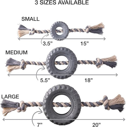 Natural Rubber Tire and Organic Cotton Rope Pull and Chew Dog Toy for All Pet Breeds, Gray, Large