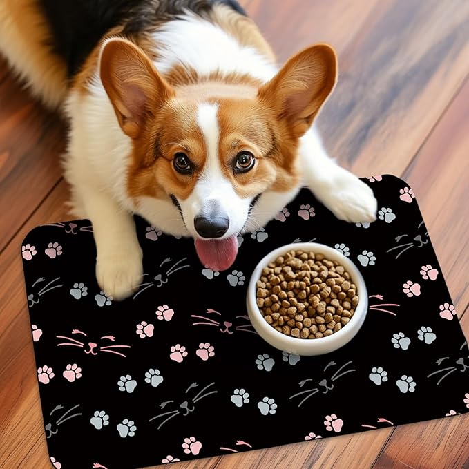 Patterned Cat & Dog Bowl Mat for Food and Water, 17"×30" Quick Dry Absorbent Pet Feeding Mat, Eco-Friendly Dog Placemat