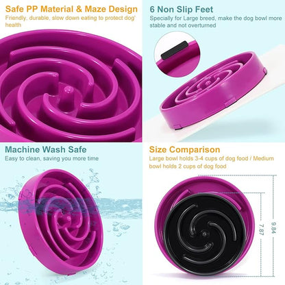 Whippy Slow Feeder Large Dog Bowl - Non Slip Maze Puzzle Bowl for Medium to Large Dogs - Purple