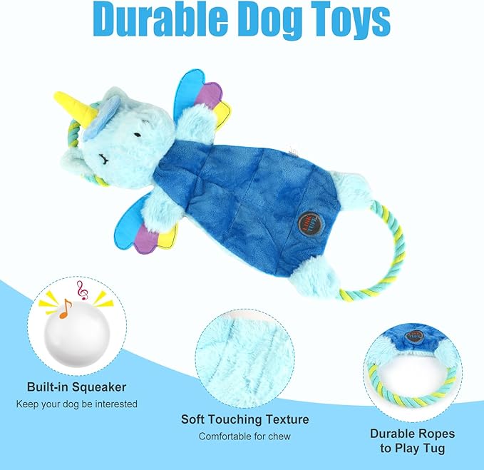 Interactive Squeaky Dog Chew Toy, Tough Plush Dog Toys for Chewers, Small, Medium & Large Dogs, Plush with Double Rope Handles for Tug of War, Mess-Free, Light Blue