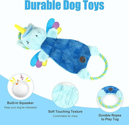 Interactive Squeaky Dog Chew Toy, Tough Plush Dog Toys for Chewers, Small, Medium & Large Dogs, Plush with Double Rope Handles for Tug of War, Mess-Free, Light Blue