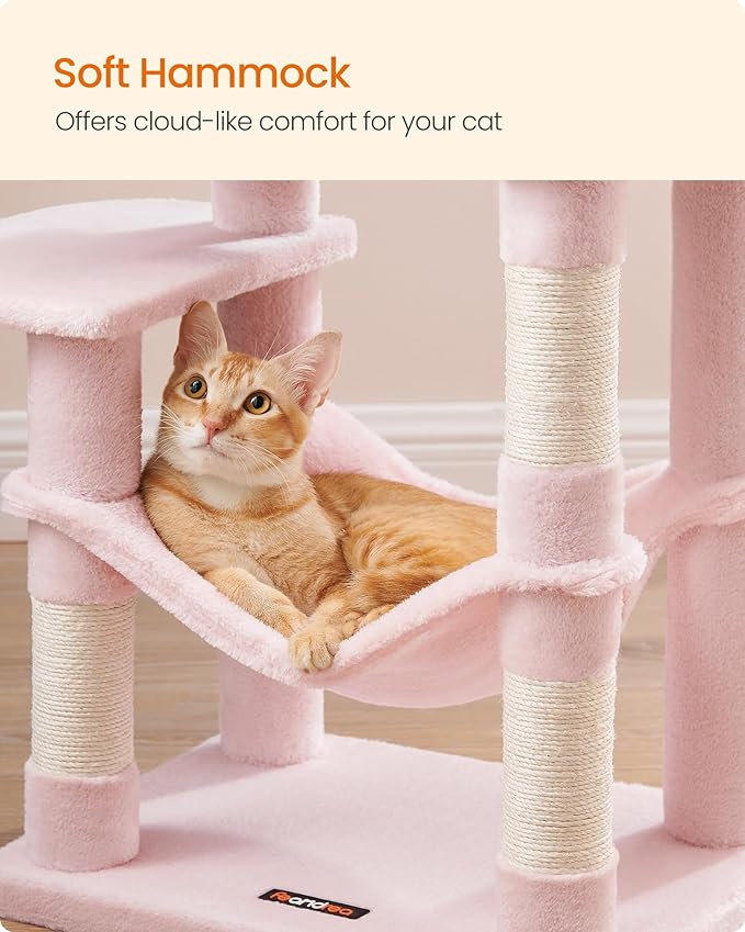 Feandrea Cat Tree, 44.1-Inch Cat Tower, Plush Multi-Level Condo with 4 Scratching Posts, 2 Perches, Hammock, Cave, Jelly Pink UPCT261P01