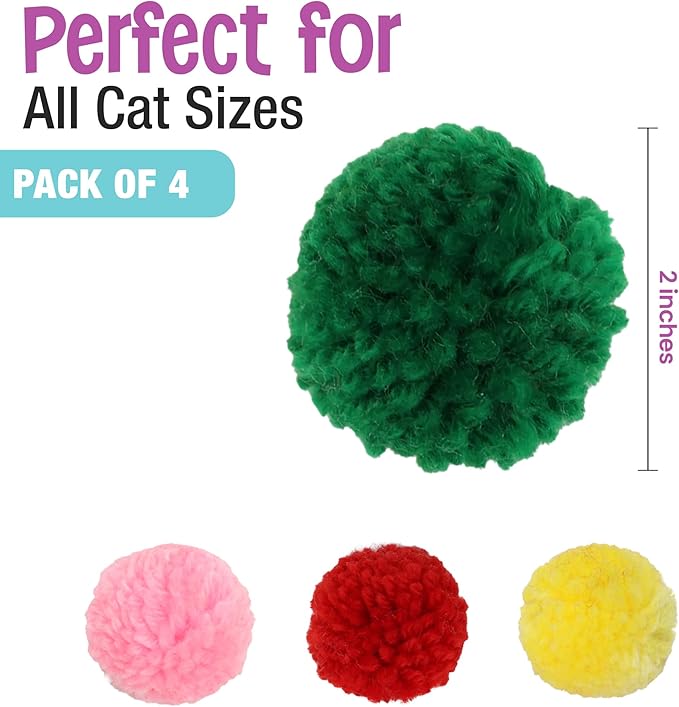 SPOT Wool Pom Poms Cat Toy - Interactive Wool Balls Cat Toy with Catnip for Cats and Kittens to Bite, Swat and Chase - 1.5 inch, 4 pcs (Pack of 2)