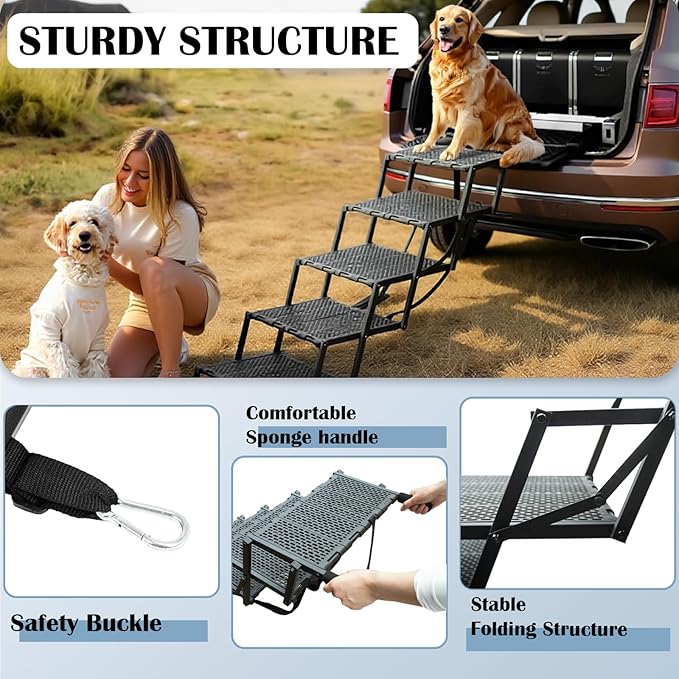 Dog Ramp for Car, SUV & Truck, Portable Pet Stairs with Non-Slip and Easy-Clean Surface, Extra Large Dog Step with Adjustable Size, Supports up to 250 lbs.