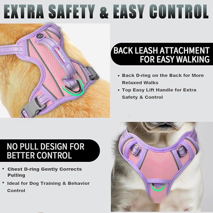 BARKBAY No Pull Dog Harness Large Reflective Dog Harness with Front Clip and Easy Control Handle for Walking Training Running with ID tag Pocket(Baby Pink & Violet Purple,XS)