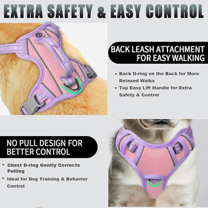 BARKBAY No Pull Dog Harness Large Reflective Dog Harness with Front Clip and Easy Control Handle for Walking Training Running with ID tag Pocket(Baby Pink & Violet Purple,XS)