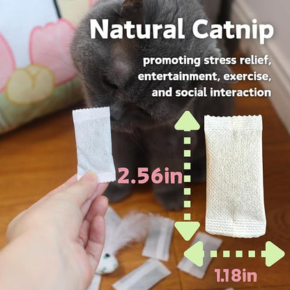 12 Pack Natural Catnip Pouches for Cat Toys, Non-Woven Fabric Cat nip Refills, Gift Packaging with Catnip Tea Bags and Feather Whale Toy