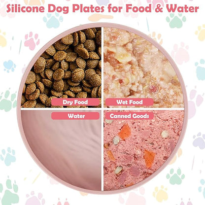 Silicone Dog Bowl Set of 2 No Spill Puppy Food & Water Dish Less Mess Cat Dry Food Plates with Suction Cup Non-Tippable Feeding Wet Food Bowls for Small & Medium-Sized Pets (Round Pink)