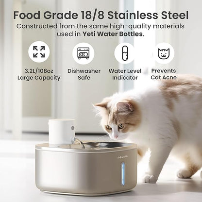 Pawspik Stainless Steel Cat Water Fountain,108 oz/3.2 L Cat Water Dispenser, Battery Operated Dog Fountain,Water Bowl, Automatic Pet Fountain with Motion Sensor, 5000 mAh Battery
