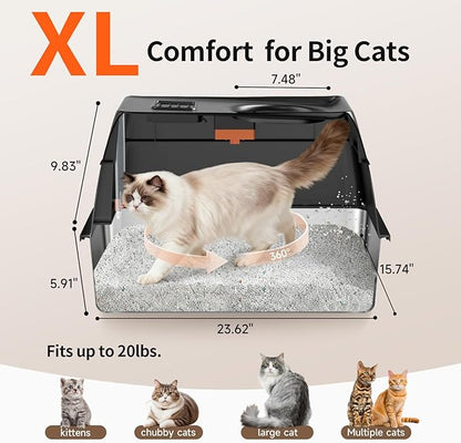 Extra Large Stainless Steel Litter Box with Lid, High Sided Enclosed Metal Cat Litter Pan, Dog Proof Front Entry Top Exit, Odor Control Easy Clean Leak Proof, Includes Mat, Scoop & Step, Black