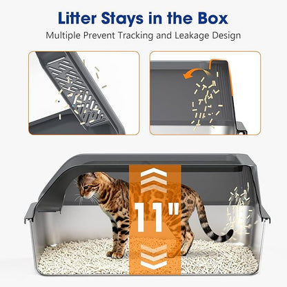 2 Pack Stainless Steel Litter Box with Lid, XL Metal Cat Litter Boxes High Sided Enclosed for Big Cat and Multiple Cats, Anti-Urine Leakage | Non-Stick Bottom & Includes Scoop