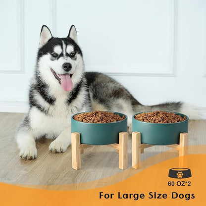 SPUNKYJUNKY Ceramic Elevated Dog Bowls 2 Pack - 8.3inch Raised Dog Bowls with Non-Slip Wooden Stand for Large Dogs Dishwasher Safe(Green,60OZ*2)