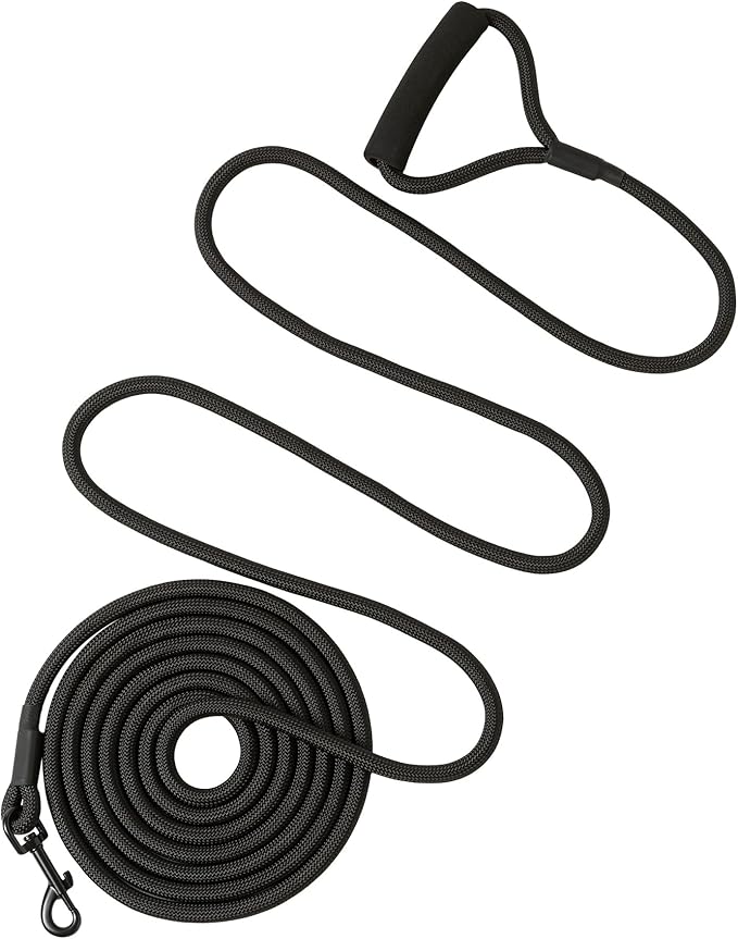 Mile High Life Long Dog Leash, with Comfortable Padded Handle, Black Nylon Rope Leash with Steel Tips, Heavy Duty 15 Feet Pet Leashes (Black,15 Feet)