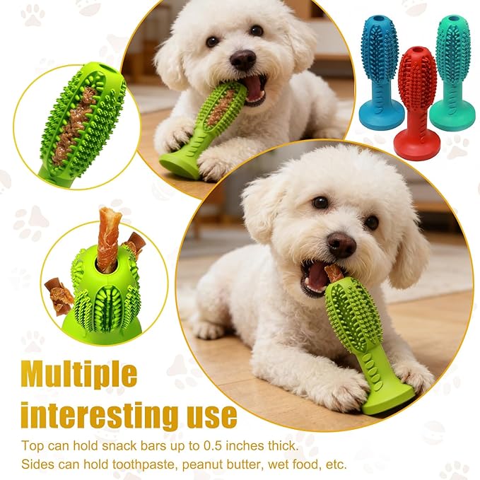 Dog Chew Toys, Interactive Suction Cup Toothbrush Chew Toy for Puppy Teething, Rubber Teeth Cleaning Stick with Treat Holder for Small and Medium Dogs (Blue)