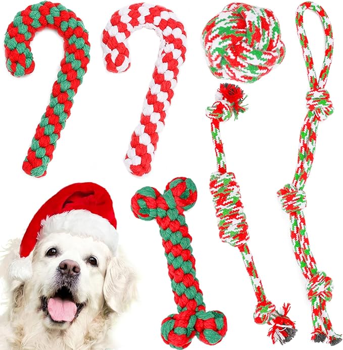 Christmas Dog Rope Toys 6 Pack - Pet Chew Toys Set for Aggressive Chewers Small Medium Dogs Puppy Large Breed Interactive Dog Ball Toys Training Playing Teeth Cleaning, for Xmas Party Indoor Outdoor
