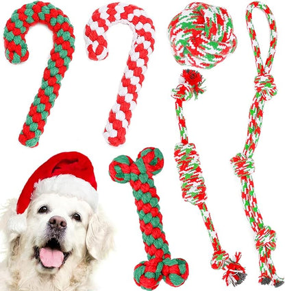 Christmas Dog Rope Toys 6 Pack - Pet Chew Toys Set for Aggressive Chewers Small Medium Dogs Puppy Large Breed Interactive Dog Ball Toys Training Playing Teeth Cleaning, for Xmas Party Indoor Outdoor