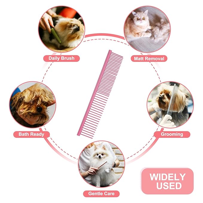 Dog Cat Comb, Pet Combs Stainless Steel Teeth with Rounded Ends for Knot Mat Loose Hair Removal, 6.5IN (Pink Coated, 3 Pack), Grooming Tool Intended for Long Curly Hair Pet