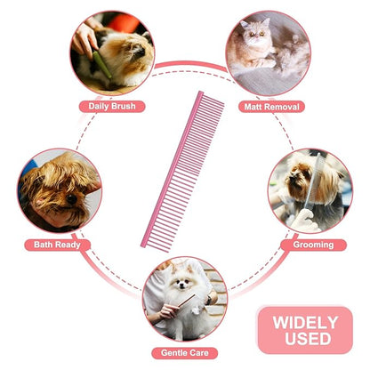 Dog Cat Comb, Pet Combs Stainless Steel Teeth with Rounded Ends for Knot Mat Loose Hair Removal, 6.5IN (Pink Coated, 3 Pack), Grooming Tool Intended for Long Curly Hair Pet