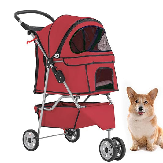 BestPet 3-Wheel Pet Stroller for Dogs & Cats - Folding Travel Carrier with Cup Holder & Removable Liner, Red