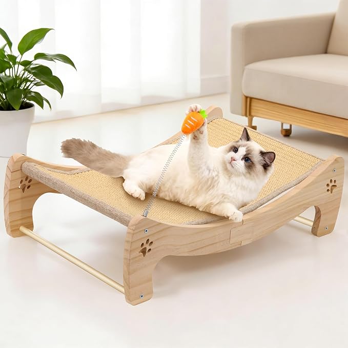 Cat Scratcher Bed with Interactive Carrot Toy - 3-in-1 Wooden Sisal Scratching Pad, Hammock Lounge & Play Center for Indoor Cats - Furniture Protector, Solid Wood Frame (Large)